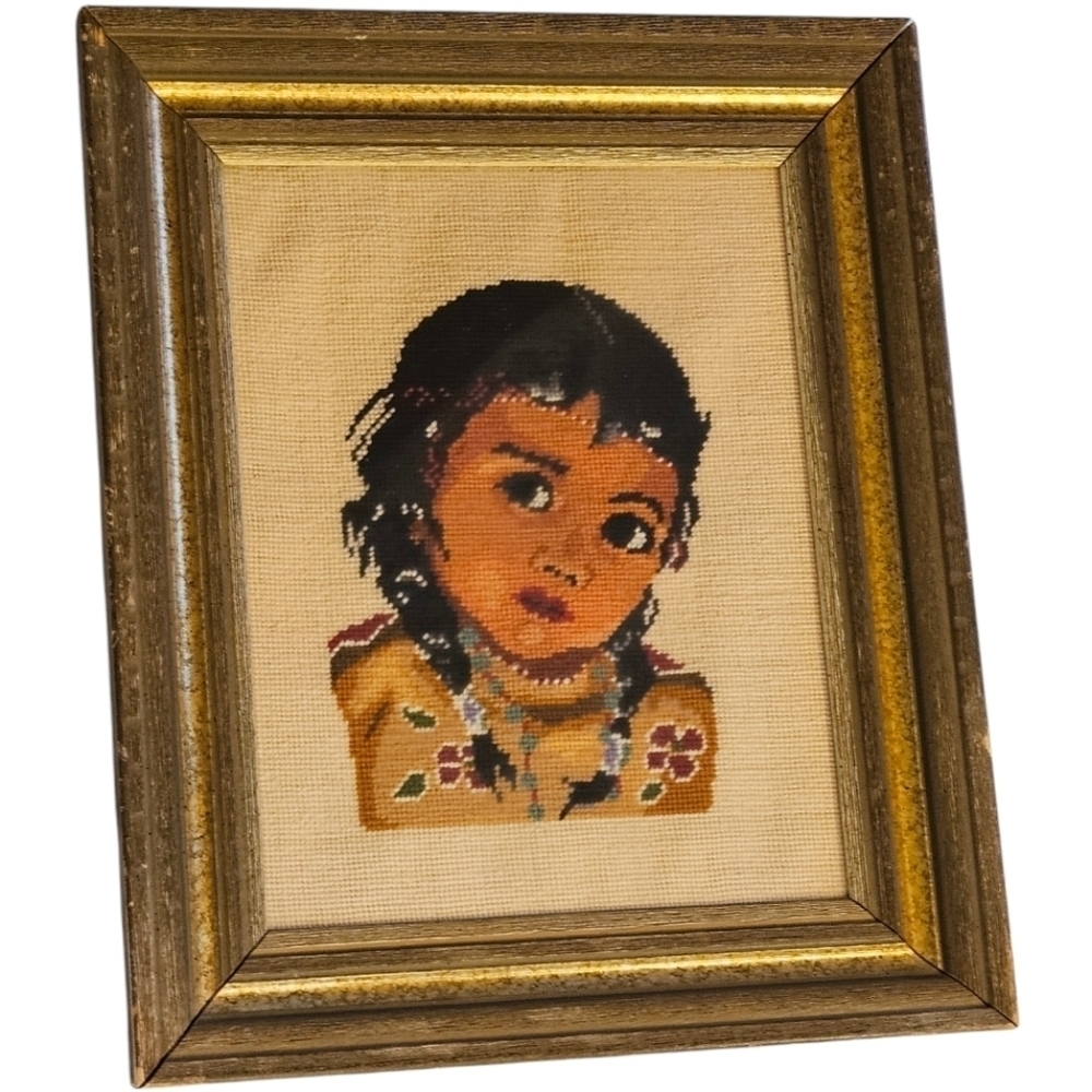 VTG 60s Cross Stitch Native American Indian Girl Portrait Finished Matte…​​​​​